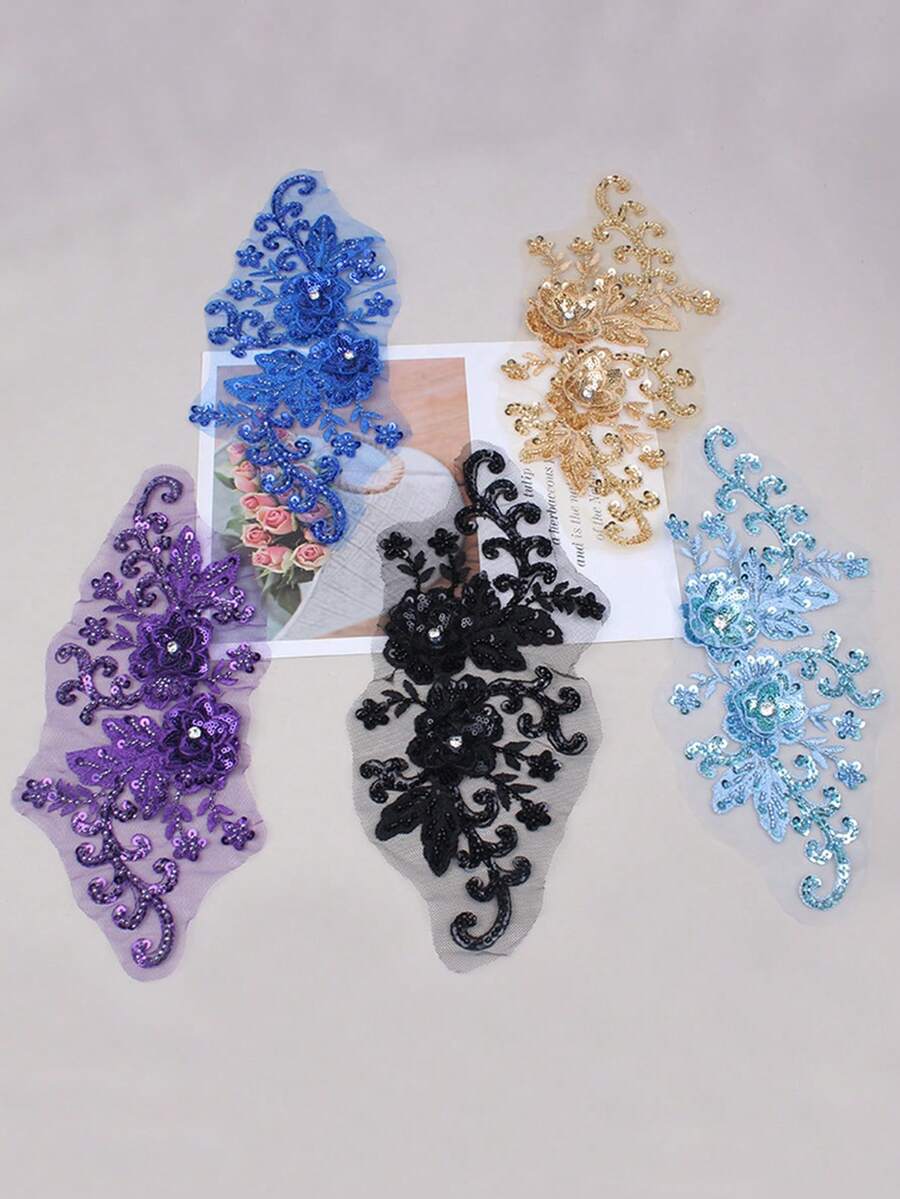 BNH3757 Handmade 3D Lace Mesh Embroidery Hotfix Rhinestone Sticker Bead Sequin DIY Clothing Apparel Accessory/Length:28cm/Width:14cm - White - View 1
