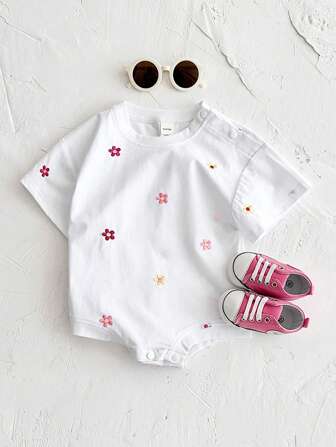 Newborn Baby Girls' Sweet Lovely Floral Embroidery Short Sleeve Bodysuit, Summer