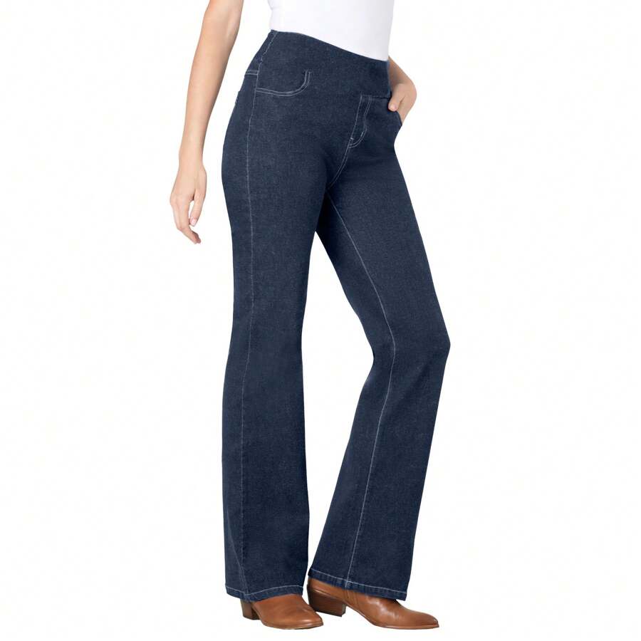 Woman Within Plus Size Petite Flex-Fit Pull-On Bootcut Gap-Free Stretch Denim Jeans - NAVY - View 1
