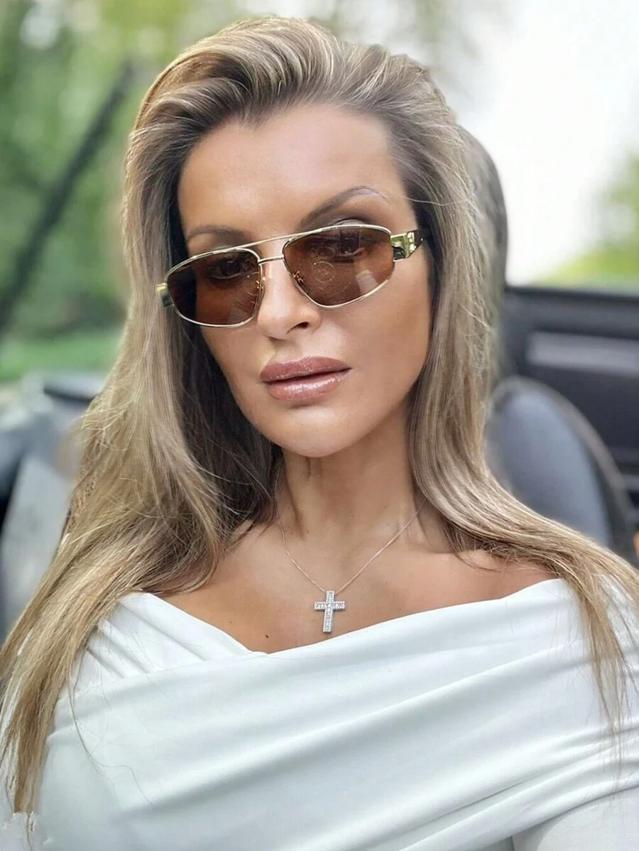 女士飞行员时尚眼镜复古休闲时尚金色金属色调镜框玳瑁飞行员棕色镜片独特金属鼻托太阳镜沙滩配饰 - 彩色 - 查看 1