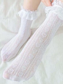 1pair Women's White Lace Floral Patterned Socks With Lovely Hollow Out Mesh Design, Mid-Calf Length