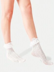 1pair Women's White Lace Floral Patterned Socks With Lovely Hollow Out Mesh Design, Mid-Calf Length