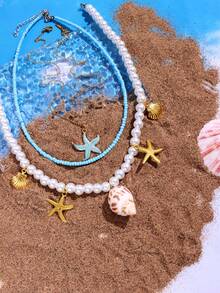 3入組時尚海邊風格貝殼、海星和海螺造型項鍊套裝，簡單而優雅的珍珠串鏈，多功能女士假期和節日珠寶套裝 - 藍色 - 查看 4
