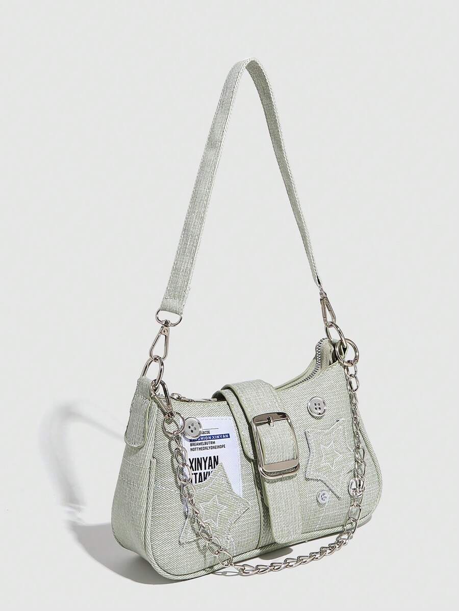 复古 Y2K 风格撞色小包，带星形链条，适合女孩、女士、学生、办公室职员、工作专业人士、通勤者、学校出游，时尚星星印花女包 - 綠色 - 查看 1