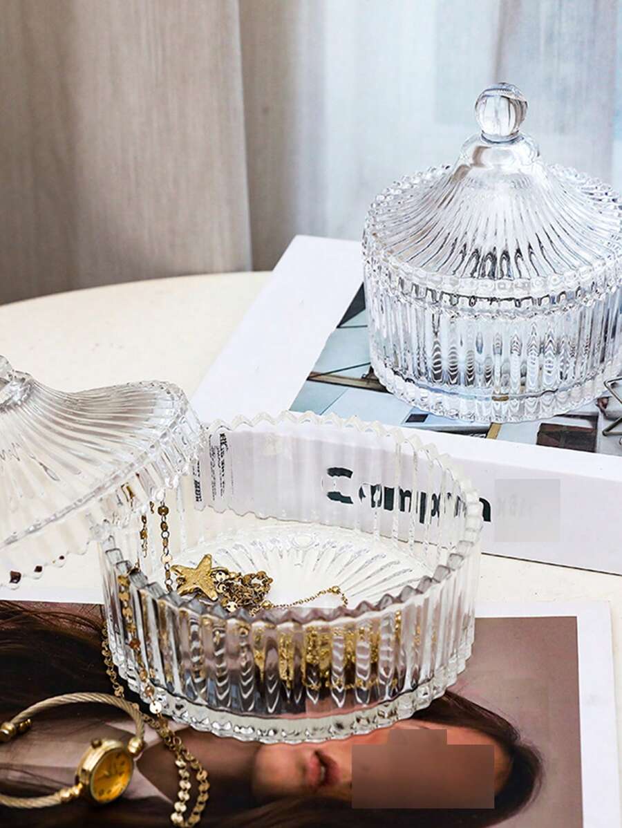 1pc Transparent Glass Storage Jar With Lid For Jewelry, Candle Holder, Gift, Storage Container Back To School,Room Decor - Clear - View 1