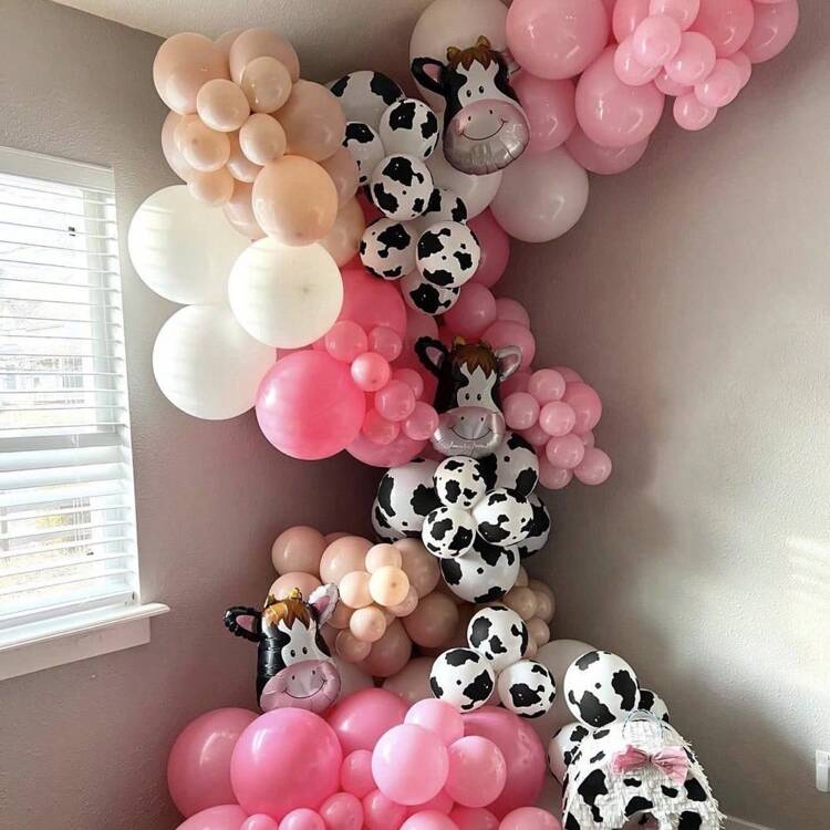 PAGEEBO 145 piezas Decoraciones de fiesta con tema de vaca, Set de arco de globos de vaca rosa, incluye globos de látex con estampado de vaca, adecuado para baby shower de vaquera, decoración de fiesta de cumpleaños con tema de animales de granja - Multicolor - Añade 6