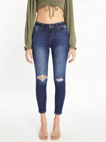 HIGH RISE DESTRUCTED ANKLE GRAZER JEANS - Dark Wash - View 1
