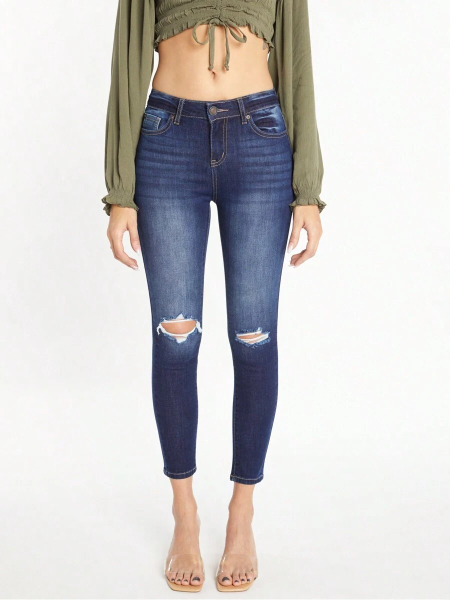 HIGH RISE DESTRUCTED ANKLE GRAZER JEANS - Dark Wash - View 1