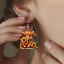 Cute Cow Sunflower Decor Dangle Earrings Cartoon Party Style Acrylic Jewelry Adorable Female Earrings Valentines,Mom,Mother,Mother's Day,Gift - Multicolor - View 2