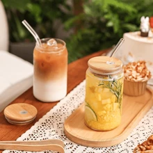 Glass Cup With Lid & Straw, Mason Jar Style Iced Coffee Cup, Suitable For Tea, Juice, Milk, Birthday Gift, Drinkware - Glass - View 1