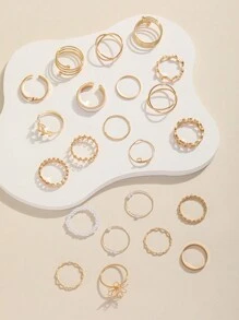 22 Piezas / Set Anillos De Diseño Geométrico De Círculo Simple Y Hueco, Tono Dorado, Conjunto De Joyas Para Apilar - Dorado - Ver 2