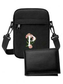 Kit Carteira + Shoulder Bag LETRA P Masculina Estampada Couro Sintetico Bolsa Lateral Blogueira Slim - Preto - Visão 1