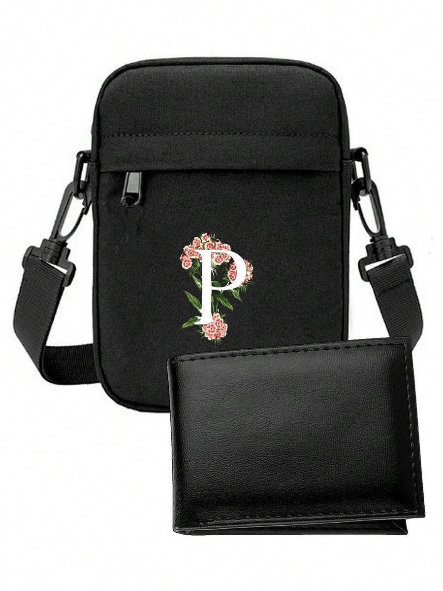 Kit Carteira + Shoulder Bag LETRA P Masculina Estampada Couro Sintetico Bolsa Lateral Blogueira Slim - Preto - Visão 1