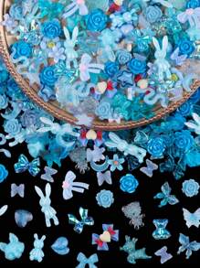 藍色5克（約50件）3D樹脂指甲裝飾套裝，心形愛心月亮玫瑰花星形蝴蝶結蛇兔皇冠形狀的指甲藝術元素，適用於DIY指甲裝飾製作手工指甲寶石指甲用品