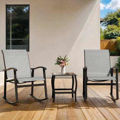  JAMFLY 3 Piece Rocking Bistro Set, Outdoor Furniture With Rocker Chairs And Glass Coffee Table Set Of 3