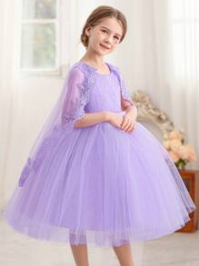 Vestido poncho de encaje y malla para niña, vestido de fiesta elegante de princesa adecuado para el cumpleaños de niñas, bodas, festivales, celebraciones y fiestas de Pascua - Púrpura malva - Ver 6
