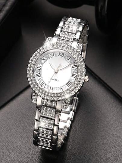 1pc Steel Horloge Luxe Roman Numerals Dial Set Diamond British Matching To Her view 2