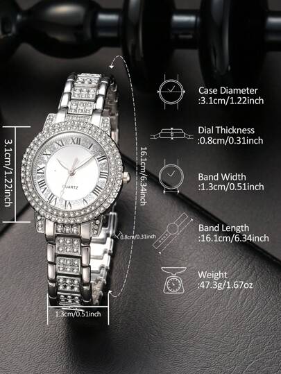 1pc Steel Horloge Luxe Roman Numerals Dial Set Diamond British Matching To Her view 5