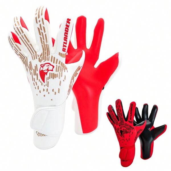 1 par de guantes de portero de fútbol de látex para adultos y jóvenes, engrosados, cómodos, transpirables, con correa para la muñeca antideslizante, protección profesional para partido y entrenamiento de portero de fútbol al aire libre para hombres y mujeres, color rojo