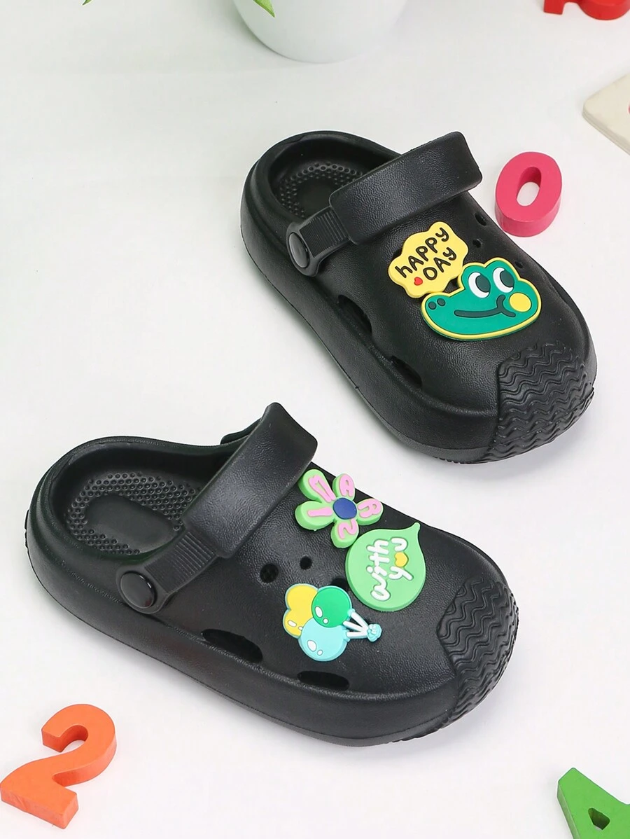 Novo sapato infantil de verão com desenho de crocodilo em balão engrossado para meninas e meninos, antiderrapante, confortável, versátil chinelos pretos ao ar livre para praia. - Preto - Visão 1