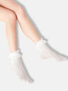 1pair Women's White Lace Floral Patterned Socks With Lovely Hollow Out Mesh Design, Mid-Calf Length