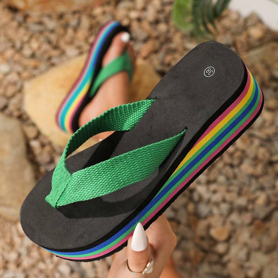 Women's Comfortable Rainbow Foam Sole Flat Sandals For Beach - Dark Green - View 1
