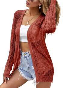 Women Crochet Lightweight Cardigan Cover Up Open Front Long Sleeve Summer Cardigans - Redwood - View 2