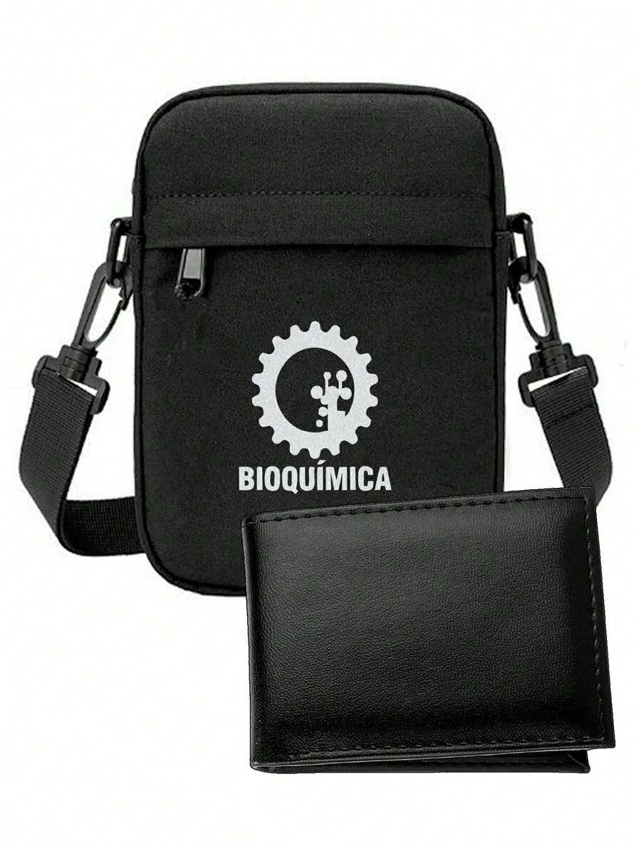 Kit Carteira + Shoulder Bag BIOQUÍMICA Masculina Estampada Couro Sintetico Bolsa Lateral Blogueira Slim - Preto - Visão 1