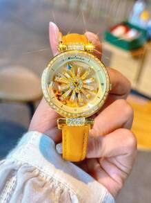 1 件时尚女士手表，透明背面，水钻镶嵌，旋转星系表盘，向日葵设计，不锈钢表壳，橙色皮革表带，防水石英表，是女性约会和日常佩戴情人节的完美礼物