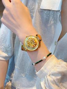 1 件时尚女士手表，透明背面，水钻镶嵌，旋转星系表盘，向日葵设计，不锈钢表壳，橙色皮革表带，防水石英表，是女性约会和日常佩戴情人节的完美礼物