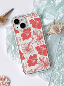 1pc Ins Summer Style Clear Red Hibiscus Flower Printed Airbag Anti-Slip Phone Case Compatible With IPhone 11/12/13/14/15pro Max,International Version, Not The Domestic Version - Multicolor - View 1