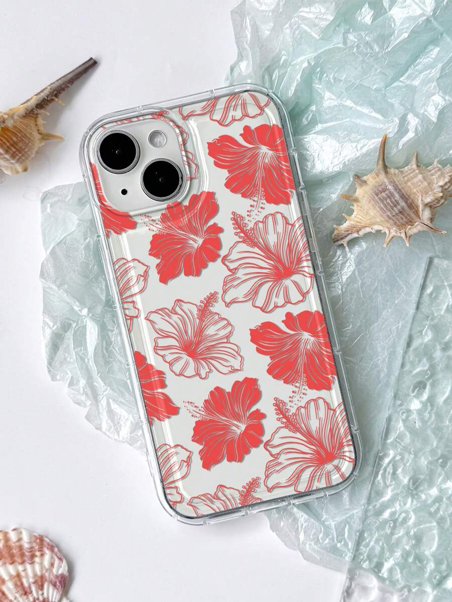 1pc Ins Summer Style Clear Red Hibiscus Flower Printed Airbag Anti-Slip Phone Case Compatible With IPhone 11/12/13/14/15pro Max,International Version, Not The Domestic Version - Multicolor - View 1