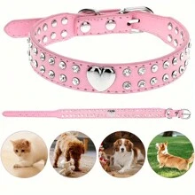 1Pc Bling Rhinestone Decor Heart Ornament Dog Collar Durable Leather Dog Collar, Perfect For Puppies And Small Dogs - Pink - View 1