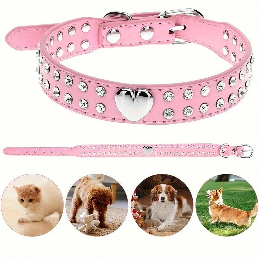 1Pc Bling Rhinestone Decor Heart Ornament Dog Collar Durable Leather Dog Collar, Perfect For Puppies And Small Dogs - Pink - View 1