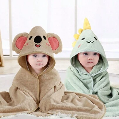 2pcs Baby Bath Towel Set, Unisex Animal Face Hooded Baby Cape, Soft Coral Fleece Cartoon Bathing Accessory For Infants, All Seasons Usage