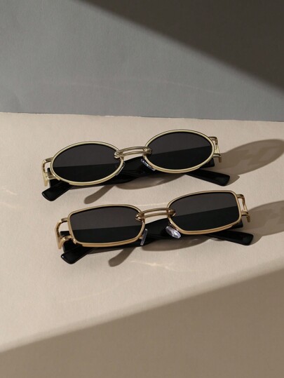 2pcs Women Oval And Rectangle Copper Frame Vintage Personalized Fashion Glasses For Street-Photography Clothing Matching Accessories For Summer Beach Vacation, Outdoor, Travel