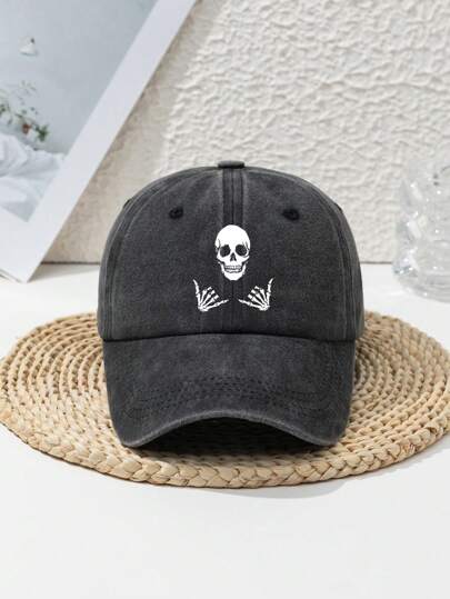 1 pieza Gorra de béisbol unisex casual y de moda con estampado de calavera desgastada, ajustable, parte superior suave, tipo snapback para playa y deporte