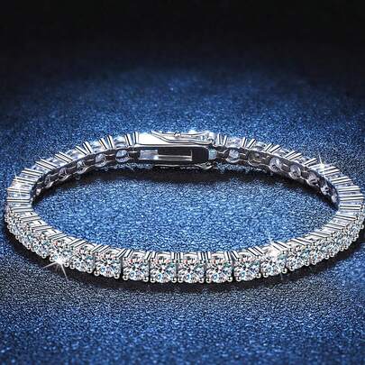 1条3毫米高品质嘻哈风四爪镶嵌莫桑石钻石网球手链，925纯银全镶钻，奢华高端精致珠宝，时尚首饰，新娘订婚礼物