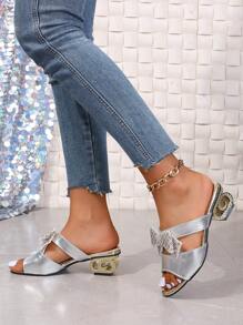 Women's Rhinestone Bow Decoration Round Toe Peep-Toe Fashionable Sandals, European And American Style, New Comfortable Chunky Heel, Mid-Heel, Asymmetric Heel, Versatile Outdoor Sandals For Summer - Silver - View 4
