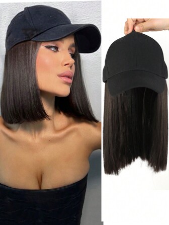 10 Inches Synthetic Straight Hair Extensions With Black Baseball Cap Wig For Woman Girls Heat-Resisting Fiber Casual Daily