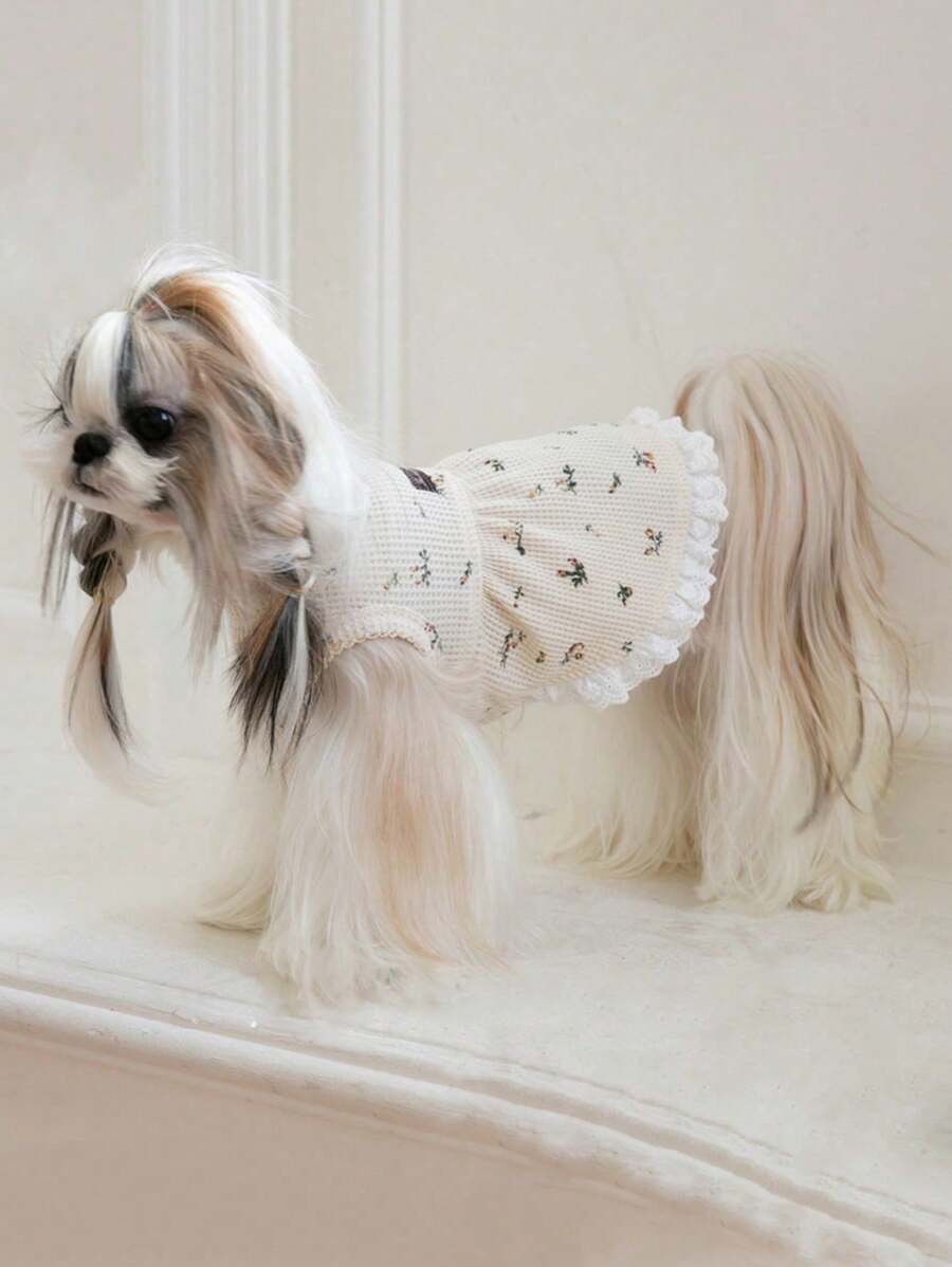 1入組花卉圖案褶邊寵物連衣裙 - 杏色 - 查看 1