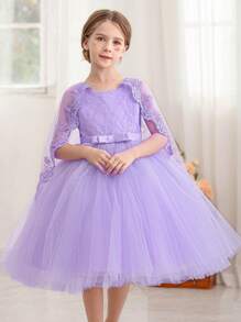 Vestido poncho de encaje y malla para niña, vestido de fiesta elegante de princesa adecuado para el cumpleaños de niñas, bodas, festivales, celebraciones y fiestas de Pascua - Púrpura malva - Ver 1