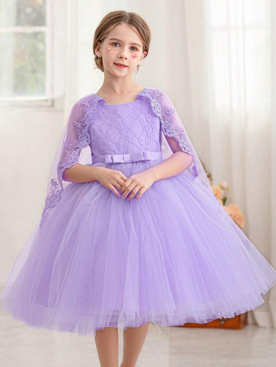Vestido poncho de encaje y malla para niña, vestido de fiesta elegante de princesa adecuado para el cumpleaños de niñas, bodas, festivales, celebraciones y fiestas de Pascua - Púrpura malva - Ver 1
