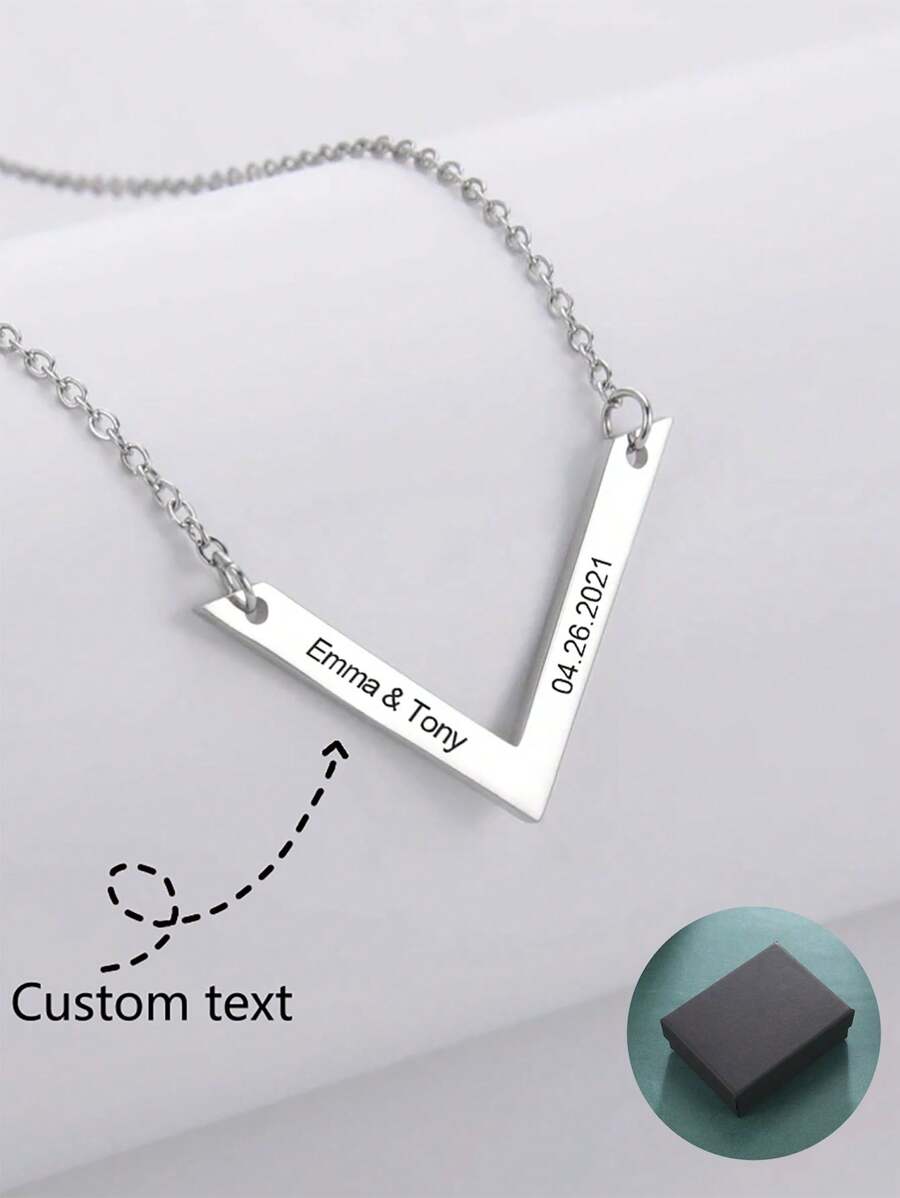 1pc Personalized Stainless Steel V Shape Carved Custom Name Date Necklace, Creative Minimalist Design Commemorative Gift For Friends