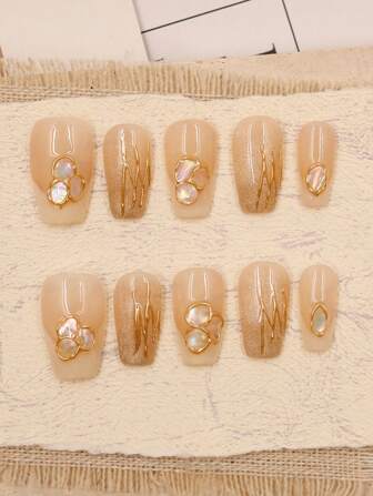 10pcs/Set Trapezoid Wear Nails, Pure Handmade 3D Hand-Painted With Pearl Pieces Press Nails Fake Tips Manicure Suitable For Women And Girls Press On Nails Nail Supplies