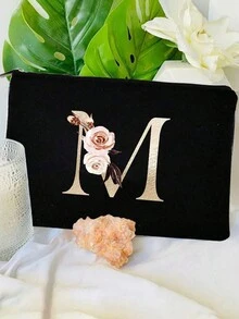 1入新版金色英文字母印花女式化妝袋，多功能旅行便攜式收納盥洗袋，適用於日常使用 - 黑色 - 查看 1