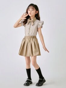 Young Girls' 2pcs Set College Style Shirt & Skirt With Bow Tie, Summer Collection - Khaki - View 1