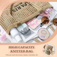Crochet Tote Bag For Women, Crochet Mesh Beach Tote Bag Summer Vacation Aesthetic Boho Knit Bag For Women - G-卡其色 - 查看 3