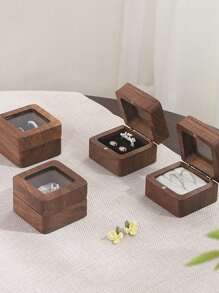 CASEGRACE 1pc Square Design Wooden Ring Box, Simple Wood Clear Panel Design Jewelry Box For Home, Valentine's Day Gift Storage Box For Girl Women Sun Travel Cool