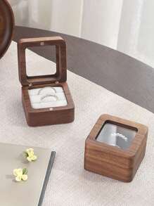 CASEGRACE 1pc Square Design Wooden Ring Box, Simple Wood Clear Panel Design Jewelry Box For Home, Valentine's Day Gift Storage Box For Girl Women Sun Travel Cool
